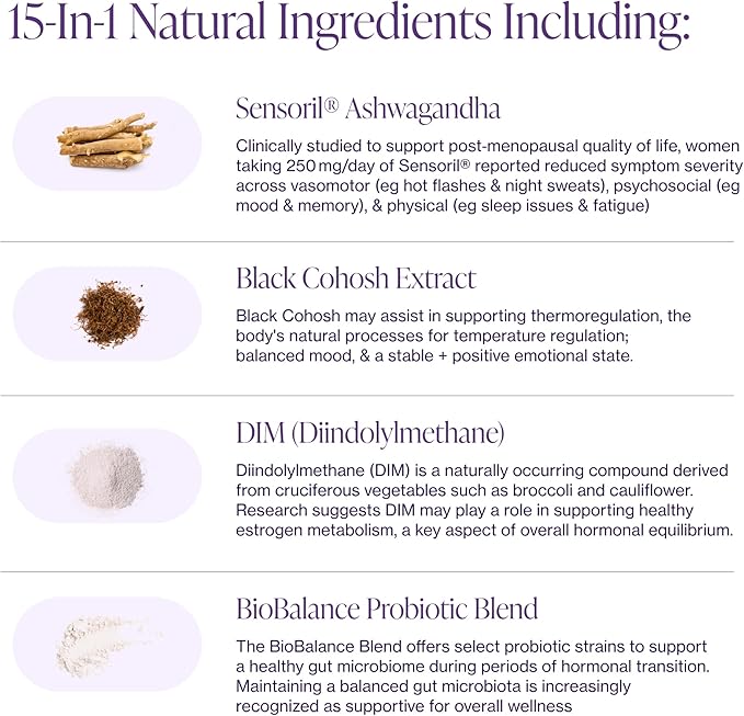 Menopause Supplements for Women - Natural Hormone Balance - Hot Flashes, Night Sweats, Sleep & Mood Support. with Sensoril® Ashwagandha, DIM, Chaste Berry & Black Cohosh Root - 60 Count