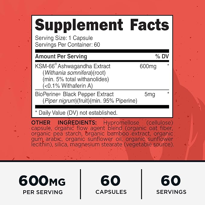 Primal KSM-66 Ashwagandha Complex (60 Capsules / 60 Servings, 600 mg Per Serving) - KSM-66 Ashwagandha with Black Pepper Extract, Gluten Free, Non-GMO