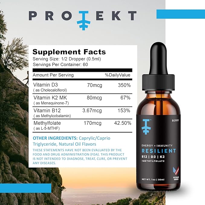 PROTEKT Resilient Vitamin D3 K2 B12 Drops - Liquid B12 K2 D3 Vitamin Supplement with Methylfolate, Liquid Drops for Energy & Recovery, Methy Folate for Sleep & Mood - Natural Berry 30mL