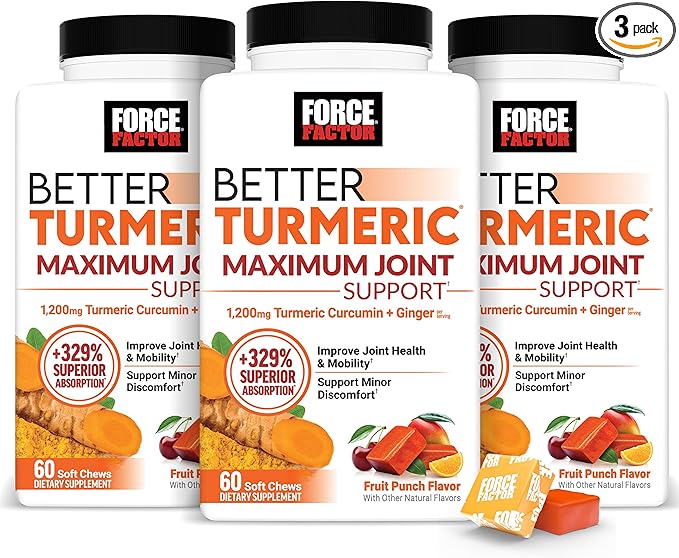Force Factor Better Turmeric Maximum Joint Support, 1075mg Curcumin with Ginger to Support Mobility, Flexibility & Comfort, More Convenient Than Turmeric Gummies, Fruit Punch, 180 Soft Chews, 3-Pack