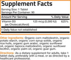 Bronson Vitamin D3 5000 IU Certified Organic Vitamin D Supplement, Non-GMO, USDA Certified, 90 Tablets
