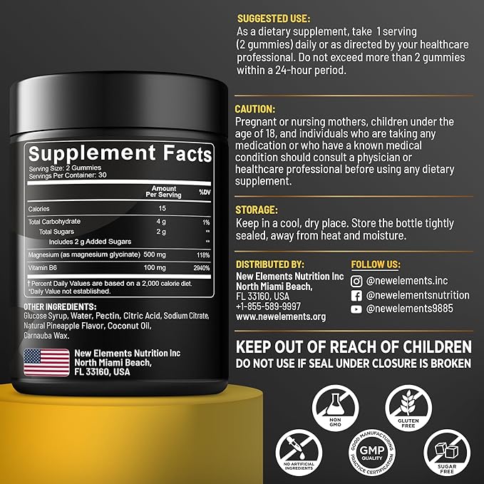 Magnesium Glycinate Gummies 500mg with Vitamin B6 100mg for Adults and Kids - High Absorption | Non-GMO | No Gluten | Stress Relief | Sleep & Relaxation | Muscle & Heart Support | Natural & Vegan