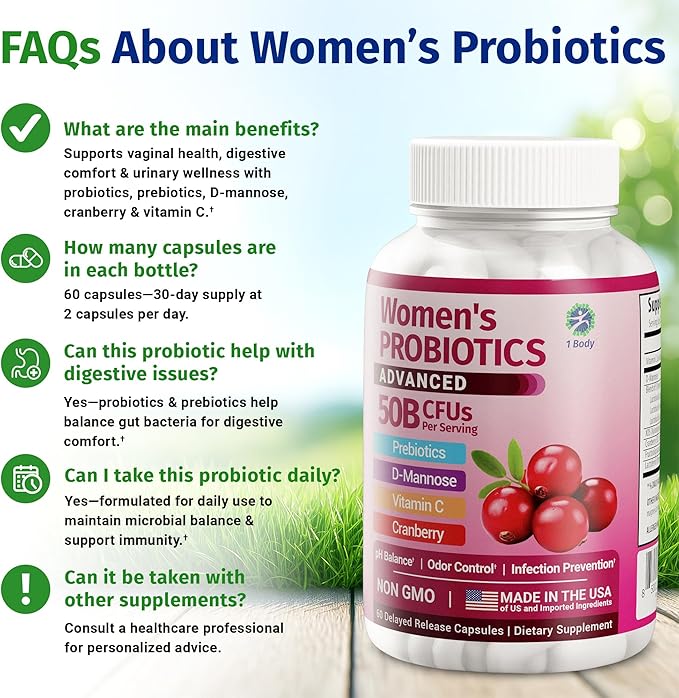 1 Body Cranberry Probiotics for Women, 50 Billion CFU, Cranberry Pills with Prebiotics, D-Mannose & Vitamin C, Vaginal Probiotics for Microbiome Balance, Digestive & Immune Support, 60 Vaginal Pills