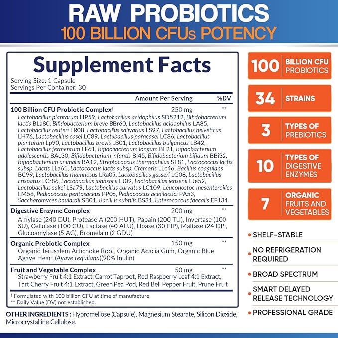 Wholesome Wellness Organic Raw Probiotics 100 Billion CFU, Dr Formulated for Women and Men, Complete Adult Supplement with Prebiotics and Digestive Enzymes; 30 Capsules, Shelf Stable