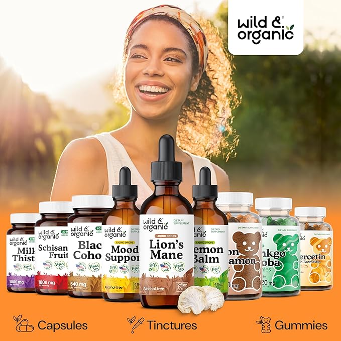Wild & Organic Lions Mane Liquid Drops - Focus & Brain Support - Lions Mane Supplement - Hericium Erinaceus Mushroom Extract Tincture - Mix with Powder & Add to Tea - Alcohol & Sugar-Free - 2 fl oz