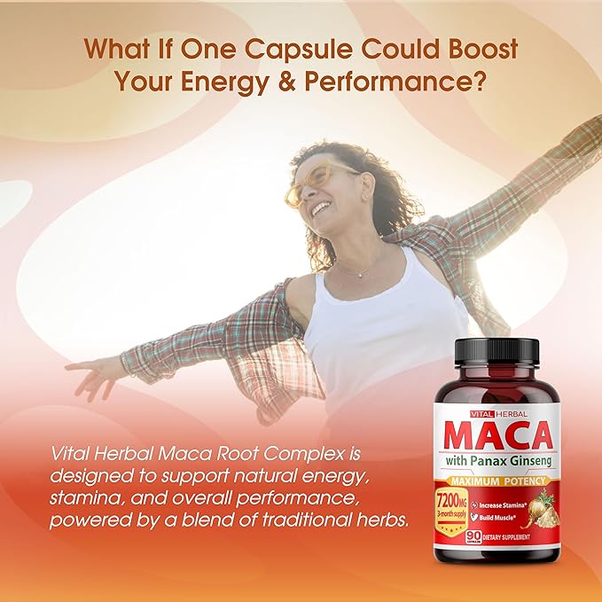 Vital Herbal Maca Root Complex with Ashwagandha, Tongkat Ali, Tribulus, Horny Goat Weed & Panax Ginseng – Herbal Support for Energy & Performance – 90-Day Supply
