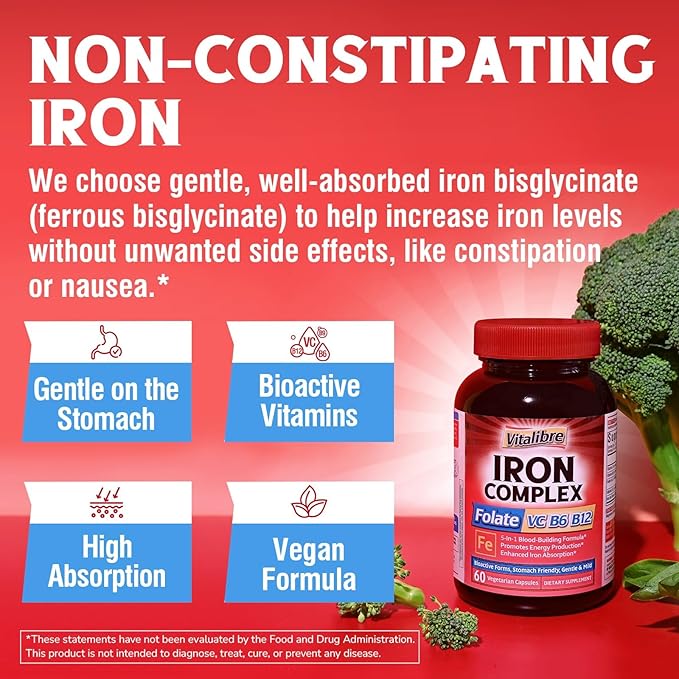 Iron Supplement for Women & Men, with Vitamins C, B6, B12 & Folate for Iron Deficiency, Blood Building & Energy Support, Stomach Friendly, Better Absorption, Non-GMO, No Gluten, 60 Vegan Caps