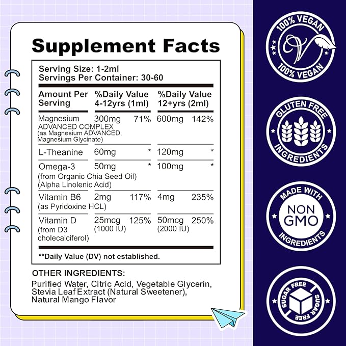 Kids Magnesium Liquid Drops-Magnesium Glycinate Liquid for Kids Supplement-w/L-theanine, Omega-3, Vitamin B6, D3 - for Sleep, Relaxation, Brain, Bones - Mango Flavor, 2 Fl Oz