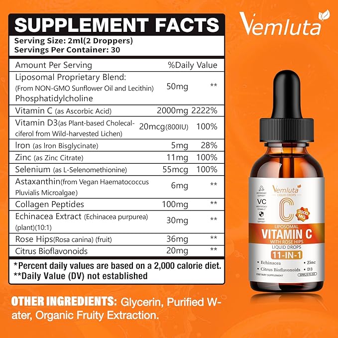 1 Packs Liposomal Vitamin C 2000mg Liquid Drop, High Absorption VC Complex Rose Hips with Echinacea, Citrus Bioflavonoids, Zinc, Vitamin D3 for Immune System & Antioxidant,2 FL Oz