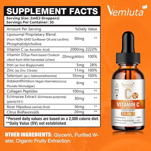 1 Packs Liposomal Vitamin C 2000mg Liquid Drop, High Absorption VC Complex Rose Hips with Echinacea, Citrus Bioflavonoids, Zinc, Vitamin D3 for Immune System & Antioxidant,2 FL Oz