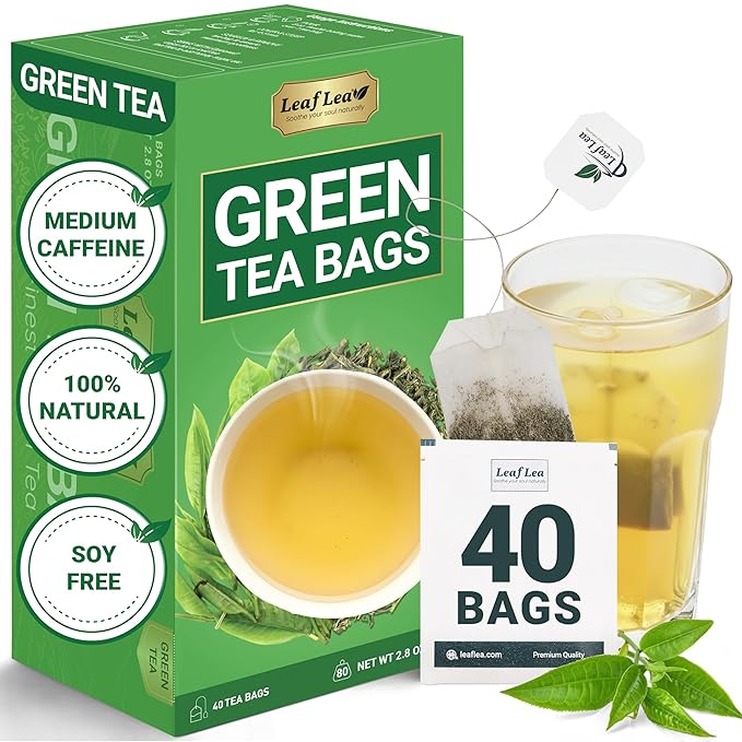 LeafLea 40 Green Tea Bags, 100% Natural & Pure from Green Tea Leaves, Smooth & Refreshing, Everyday Wellness with Natural Caffeine Content, Sugar-Free, Non-GMO, Individually Wrapped for Freshness