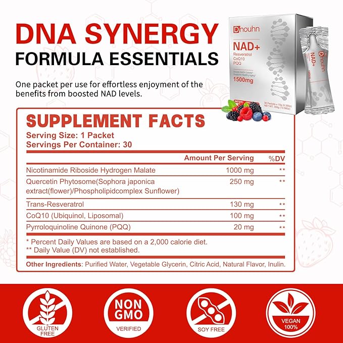 NAD Liquid Supplement 1500mg, Nicotinamide Riboside & Resveratrol with PQQ, NAD Supplement for Women & Men, Boosts Cellular Energy, Anti-Aging, Immune, Focus, 30 Packets