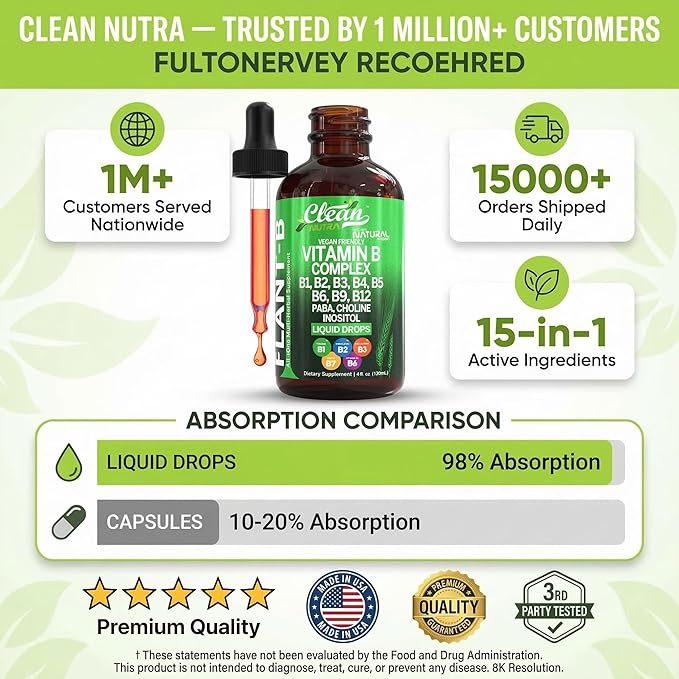 Vitamin B Complex Liquid Drops | Thiamine B1, B6, B2, B3, B4, B5, B7 B9, B12, Niacinamide, Paba, Choline Inositol Taurine Probiotics Beet Root Spirulina - Plant-B Vitamin Supplements by Clean Nutra