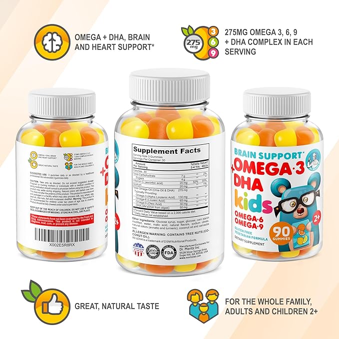 DR. MORITZ Omega 3 Kids Gummies (180 Count), Vegan Omega3 Gummies for Kids with No Fish Oil, Vitamins for Brain & Heart Health, Gluten-Free Omega 3 6 9