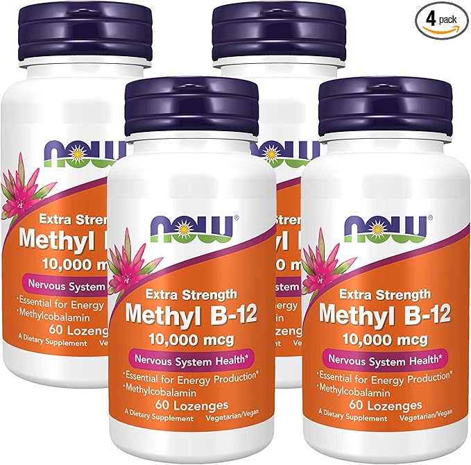 NOW Supplements, Methyl B-12 (Methylcobalamin) 10,000 mcg, Nervous System Health*, 60 Lozenges (Pack of 4)