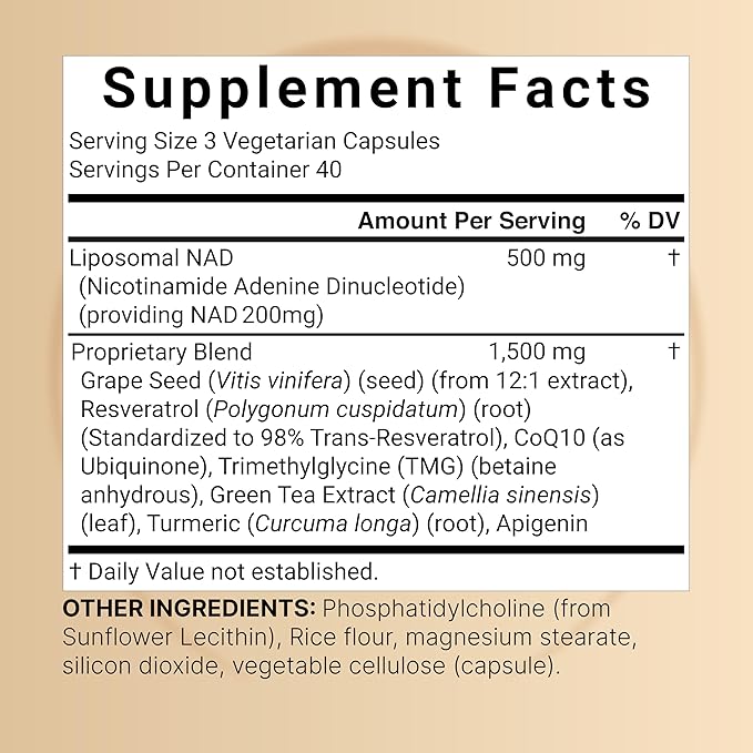 NatureBell Liposomal NAD+ 8-in-1 Complex 2000mg** Per Serving, 120 Vegetarian Capsules – NAD Resveratrol Supplement with TMG, CoQ10, Turmeric, Grape Seed & Apigenin – Non-GMO, cGMP Manufactured