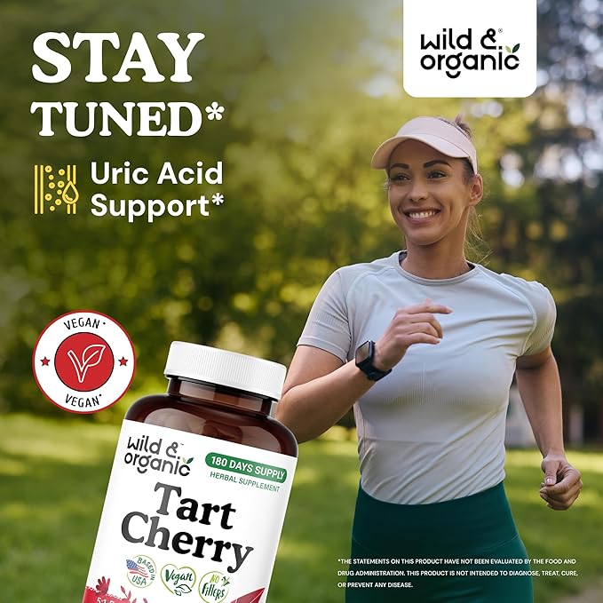 Wild & Organic Tart Cherry Extract Capsules 600 mg - Uric Acid Support - Tart Cherry Supplement - Prunus Cerasus Fruit Powder - 180 Days of Supply - Vegan, No Fillers, Non-GMO - 180 Count
