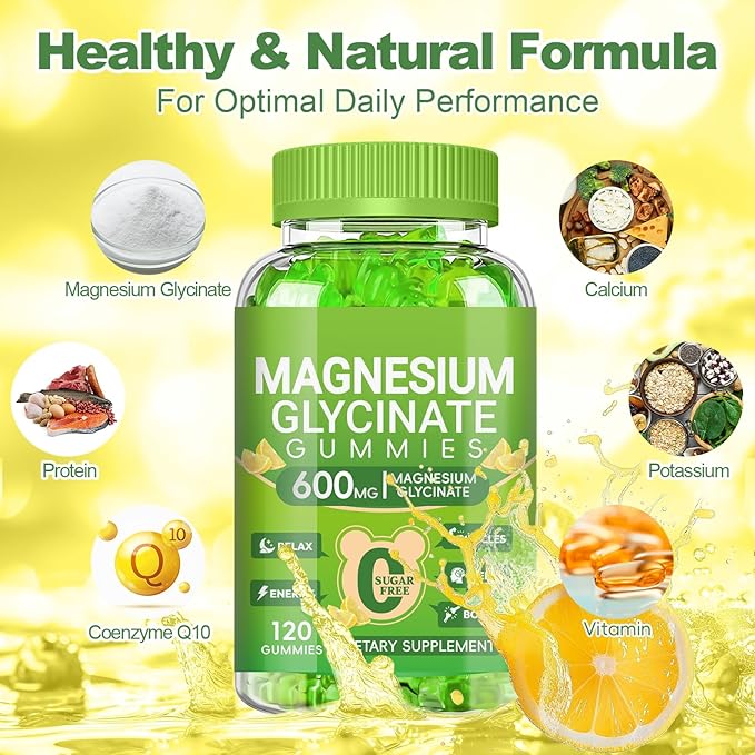Magnesium Glycinate Gummies 600mg for Women and Men, High Absorption Magnesium Glycinate with Vitamin D, B6, and CoQ10 for Calm Support & Sleep, Sugar Free, Vegan, 60 Days Supply