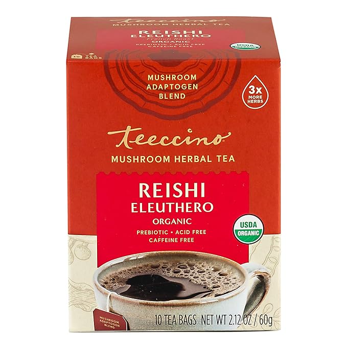 Teeccino Reishi Eleuthero Tea - French Roast - 10 TeaBags - Organic Mushroom Adaptogenic Herbal Tea, 3x More Herbs than Regular Tea Bags, Caffeine Free, Chicory Prebiotic