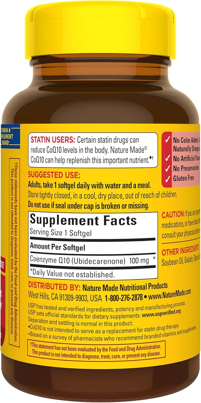 Nature Made CoQ10 100mg, Dietary Supplement for Heart Health Support, 72 Softgels, 72 Day Supply