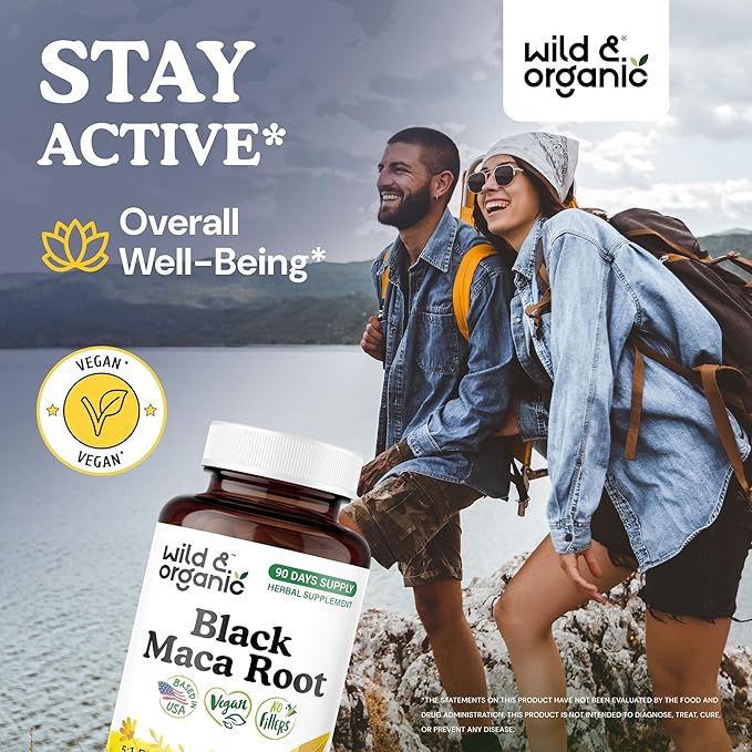 Wild & Organic Black Maca Root Capsules for Men & Women 500 mg - Maca Root Extract for Overall Support - 90 Vegan Capsules - Women & Men Supplement - 90 Days Supply - Non-GMO, No Fillers, Gluten-Free