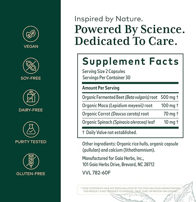 GAIA HERBS PRO Fermented Beet & Maca - Healthy Energy & Circulation Support Supplement* - Kidney Health Supplement with Beet & Carrot Root - Vegan, Gluten-Free, Soy-Free - 60 Capsules (30 Servings)