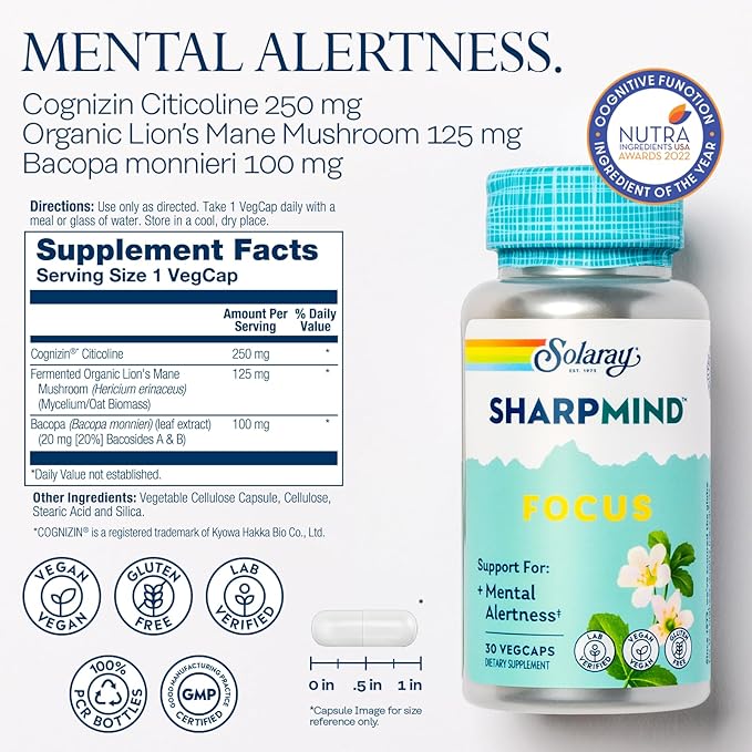 SOLARAY SharpMind Focus, Mental Alertness Nootropic Supplement, Memory Support, Each Capsule with Cognizin Citicoline, Vegan, 60 Day Money Guarantee, 30 Serv 30 Vegetarian Capsules Pills