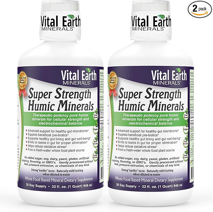 Vital Earth Minerals Super Strength Humic Minerals 2-Pack – Fulvic Acid Supplement with 70+ Trace Minerals, Electrolytes for Detox & Digestion, 32 Oz Ea + 1 Oz Cup