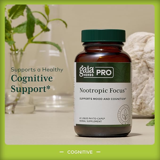 GAIA HERBS PRO Nootropic Focus - Brain Health Support Supplement* - Nootropic Supplement with Saffron, Ginkgo Leaf Extract & Lemon Balm - Vegan, Gluten-Free - 40 Liquid Phyto-Caps (20 Servings)