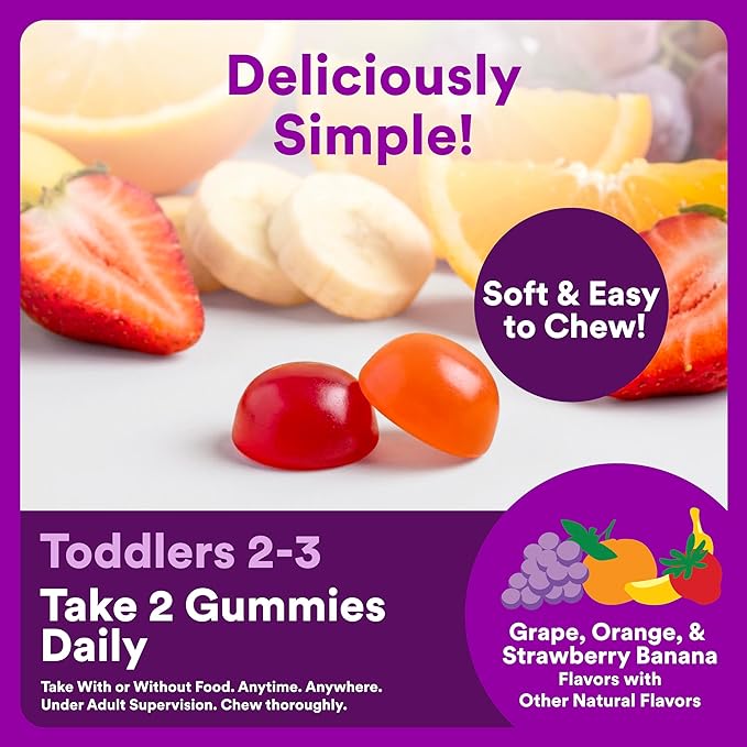 SmartyPants Toddler Multivitamin Gummies, Omega 3 (DHA/EPA), Vitamins D3, C, Vitamin B12, B6, A, K & Zinc, Biotin, Gluten Free, Three Fruit Flavors, 120 Count (60 Day Supply)