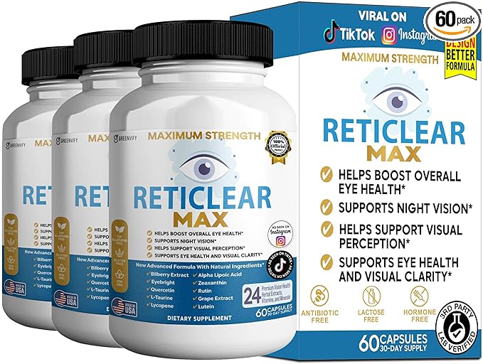 Reticlear Max Eye Health Supplement, 60 Capsules, Vision Support with 24 Natural Ingredients, 30 Day Supply (3)