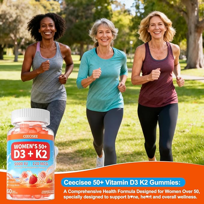 Vitamin D3 K2 Gummies Supplement for Women 50+: Organic Vitamin D3 5000 IU + K2 (MK-7) 120 mcg with 500mg Omega-3, 400mg Calcium, CoQ10 for Immune Health - Extra Strength for Adults(60Count)