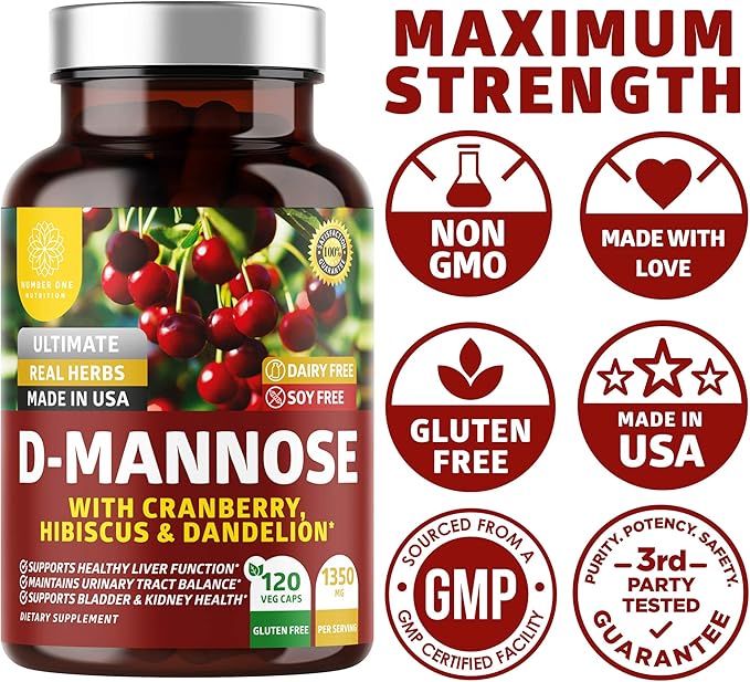 Number One Nutrition N1N Premium D-Mannose with Cranberry & Hibiscus [1350mg], 120 Capsules, and Immune Support Booster with Elderberry, Vitamin C, Echinacea & Zinc, 60 Capsules, 2 Pack Bundle