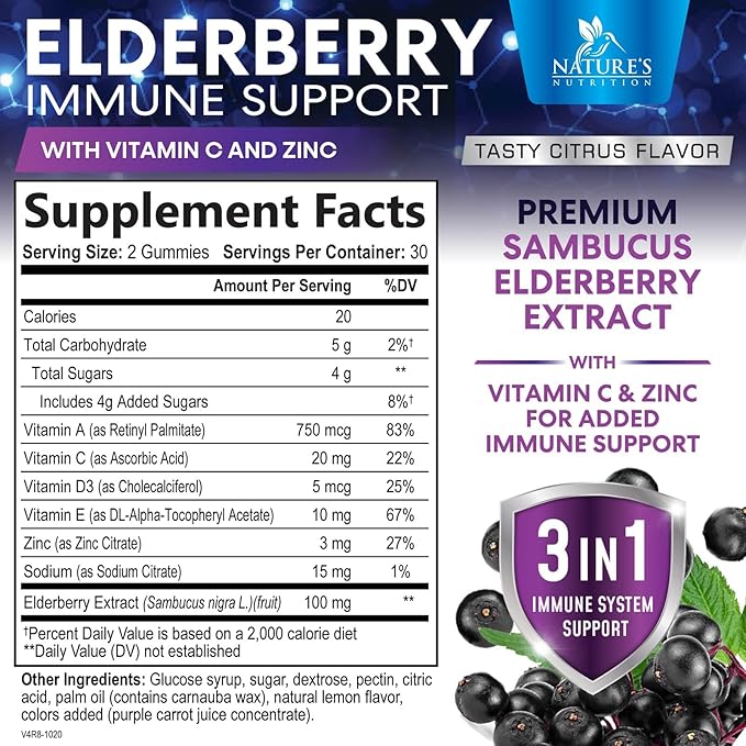 Elderberry Gummies - 3X Strength Black Elderberry Immune Support Gummy with Vitamin C, D3 and Zinc for Kids & Adults, Immune Health Support Supplement Gummy, Black Elder Berry Vitamins - 60 Gummies
