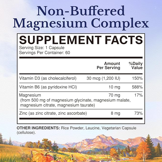 Vitalitown Magnesium Zinc, with Vitamins D3 & B6, Chelated Magnesium Glycinate, Malate, Citrate, Taurate, High Absorption, for Sleep, Bone, Heart, Immune, Digestive Support, 60 Caps