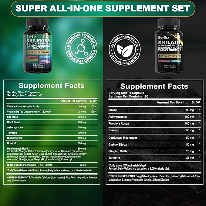 Boysea.Shilajit and Sea Moss Bundle- 90 Count - Sea Moss, Black Seed Oil, Ashwagandha, Ginger & Shilajit, Rhodiola Rosea, All in 1 Supplements (2 Pc)