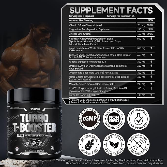 Turbo Testosterone Booster for Men, 13-in-1 Testosterone Supplement for Energy, Stamina & Muscle Complex with Tongkat Ali, KSM-66 Ashwagandha, Maca, Male Enhancing Supplement 120 Capsules