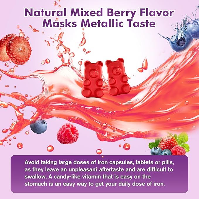 Iron Supplement for Women & Men Gummies, Multivitamin Blood Builder Iron Supplement with Folate Vitamin C B12 B6 Zinc for Adults & Kids - Energy Support - Mixed Berry Flavor, Vegan 60 Gummies