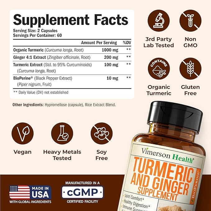 Turmeric Curcumin Supplement with Ginger Root for Joint Support, Digestive & Gut Health - Contains Organic Turmeric Curcumin with Black Pepper (Bioperine) for Enhanced Absorption - 120 Capsules
