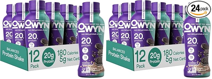 OWYN Only What You Need Plant Based Protein Shake, 20g Vegan Protein from Organic Pumpkin Seed, Flax, Pea Blend, Prebiotic Supplement, Superfood Greens, Gluten (Cookies & Creamless), (Pack of 24)