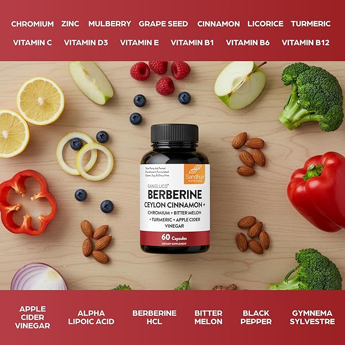 Sangluco Berberine Cinnamon Chromium Turmeric Apple Cider Vinegar Bitter Melon Supplement | Supports Healthy Levels Already Within Normal Range | 180 Capsules