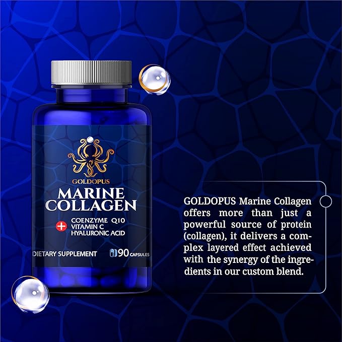Marine Collagen Peptides Capsules with Hyaluronic Acid, Coenzyme Q10, Vitamin C - Preserve Beauty and Youth - Promote Firm Skin, Strong Nails&Hair, Healthy Joints, 90 Capsules, 1 Month Supply