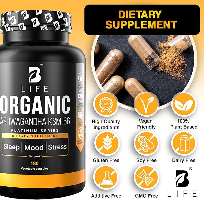 Organic Ashwagandha KSM-66 1000 mg Supplement | Adaptogen for Cortisol Support & Stress Relief | Mood, Calm & Sleep Aid for Men & Women | Ashwagandha ritual vitamins for women | 180 Vegan Caps