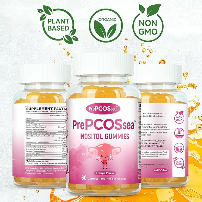 PrePCOSsea Inositol Gummies Vitamins, 2 Pack Orange Flavor Myo-Inositol Vitamin Gummies with Folate, B6, B12 & D-Biotin, 60 Count Soft Chews