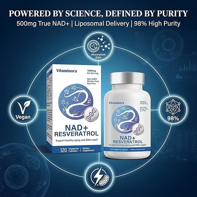 Liposomal NAD+ Supplement 500mg, Nicotinamide Adenine Dinucleotide for Cellular Energy and DNA Health, NMN Alternative for Healthy Aging and Focus, Enhanced Absorption, 120 Capsules, 2 Month Supply