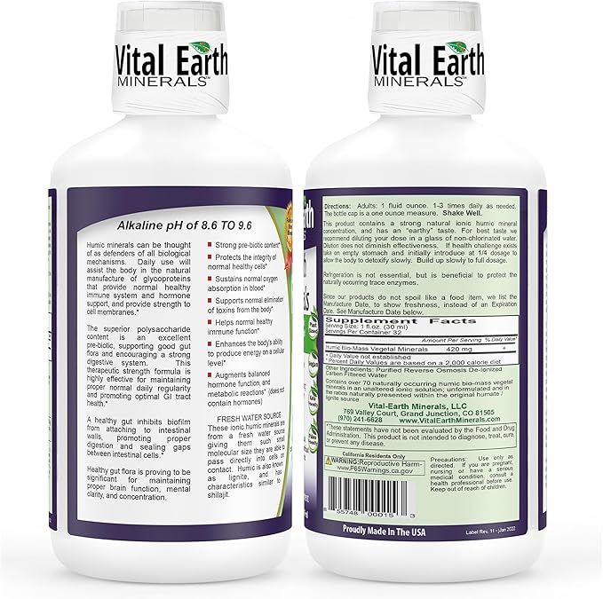 Vital Earth Minerals Super Strength Humic Minerals 2-Pack – Fulvic Acid Supplement with 70+ Trace Minerals, Electrolytes for Detox & Digestion, 32 Oz Ea + 1 Oz Cup