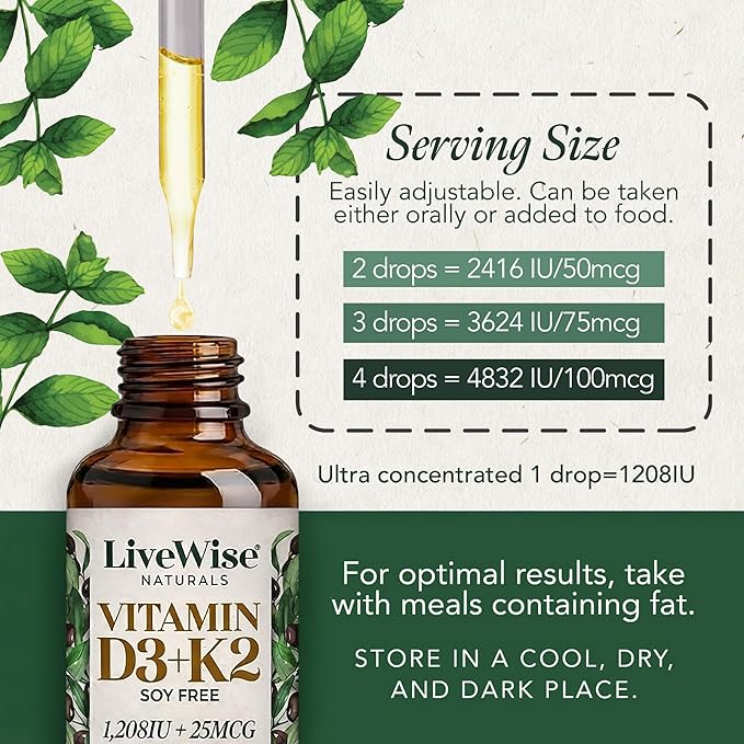 Vitamin D3 K2 Drops for Adults - 930 Drops, Ultra Concentrated Formulation, Fast Absorption 1208 IU Vitamin D3, 25 MCG (MK-7) - Micro-Dosing Dropper for Calcium & Bone Support