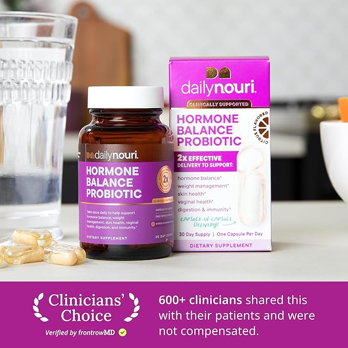 Daily Nouri Hormone Balance Probiotics for Women | Hormone Balance for Women | PMS, Hormonal Acne, & Bloating Support | 7 Clinically Studied Strains + Omega | 30-Day Supply