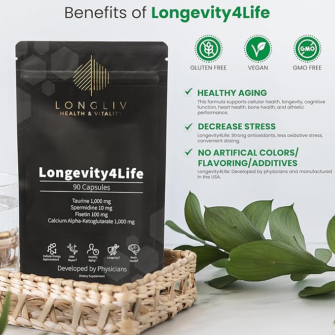 Longevity4Life - Ultimate Cellular Health Supplement - Fisetin, Taurine, Calcium Alpha-Ketoglutarate, and Spermidine Capsules for Longevity and Vitality - Made in USA - Physician Formulated