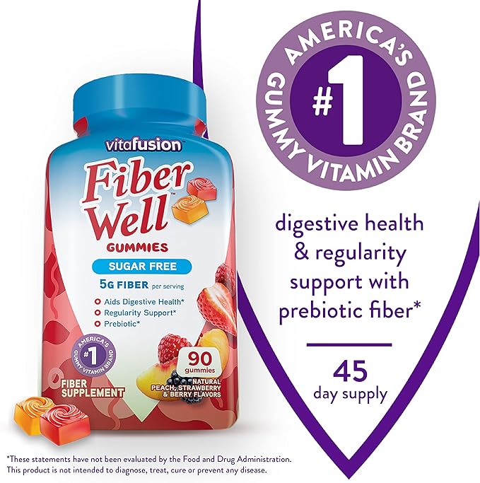 Vitafusion Fiber Well Sugar Free Fiber Supplement & Vitamin D3 Gummy Vitamins for Bone and Immune System Support, Peach, BlackBerry and Strawberry Flavored, 50 mcg Vitamin D, 75 Day Supply, 150 Count